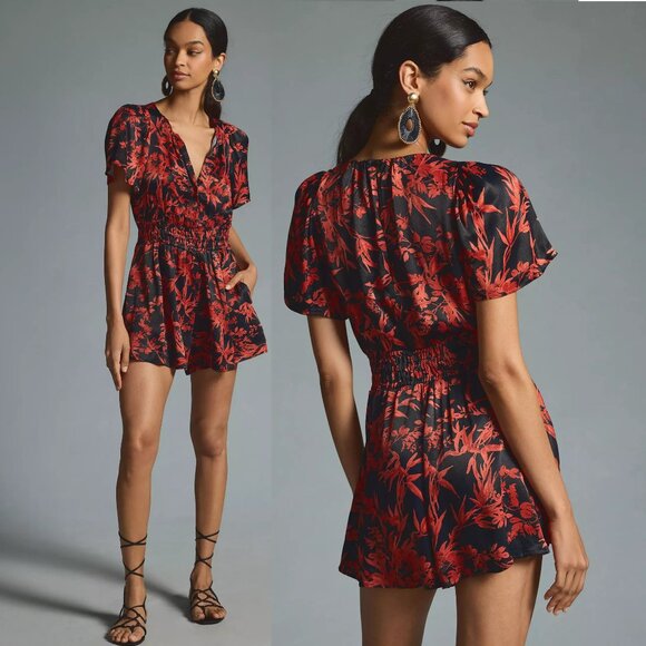 Anthropologie Pants - NEW Anthropologie The Somerset Romper Red Black Floral V Neck Pockets
